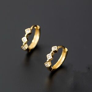 Solid Silver CZ Diamonds Huggie Earrings-Gold SH017